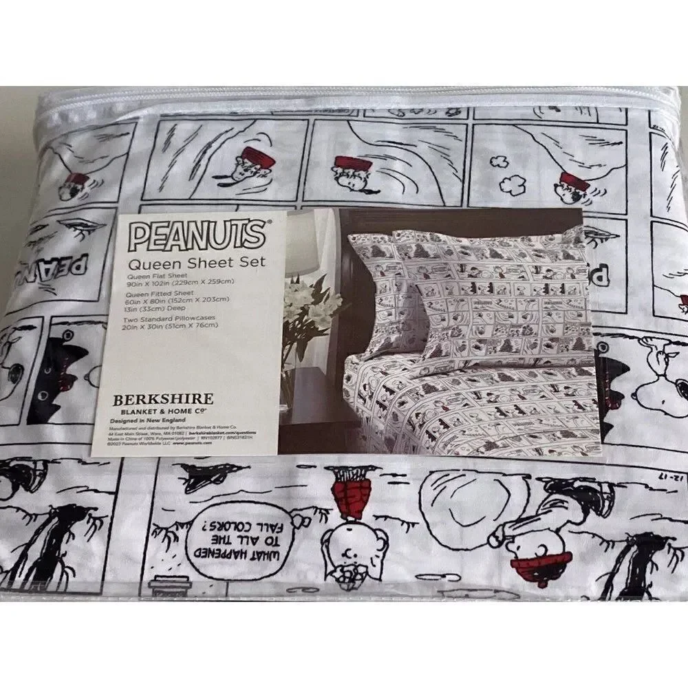 Peanuts‎ Snoopy Holiday Christmas Comic Strip Queen Size Soft Sheet Set NEW